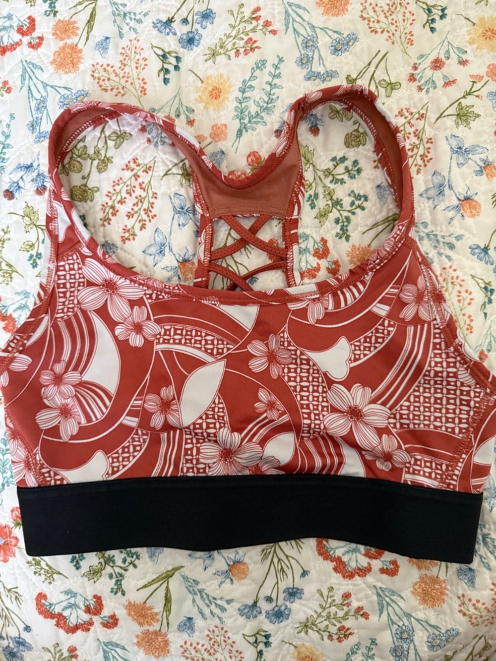 Floral Print Sports Bra with Black Support Band - Rust